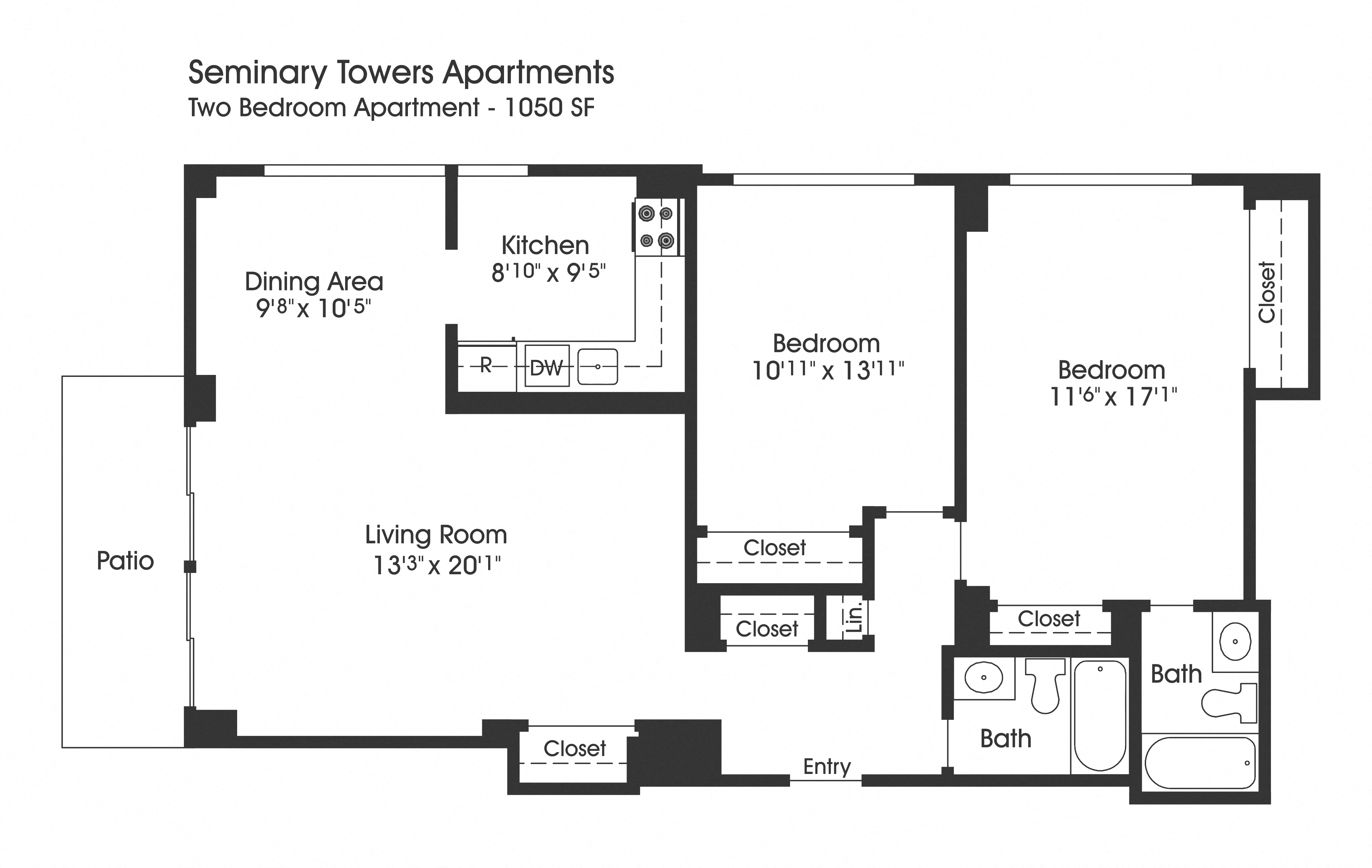 Floor plan for 2 beds, 2 baths, 1050 sqft